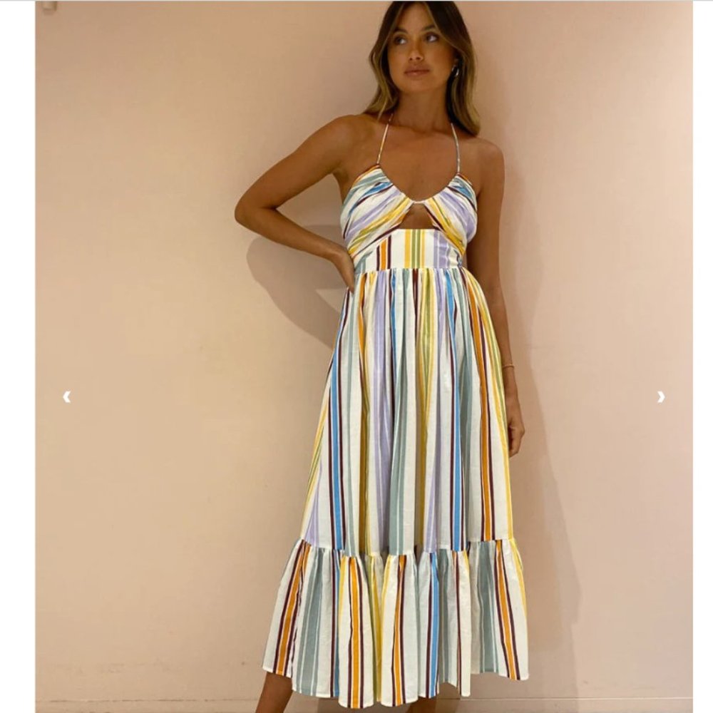 NWT Alemais Organic Cotton Axum Striped Tuck Front Midi Dress, Size 6!